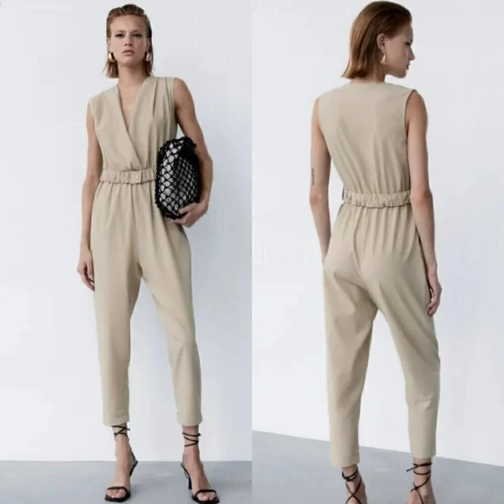 New Zara Textured Linen Blend V-Neck Sleeveless Belted Tan Jumpsuit NWT Small